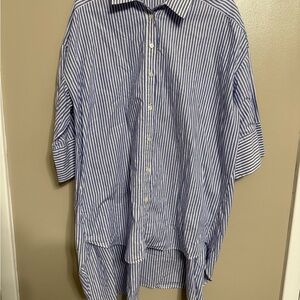 Zara Women's Blue and White Striped Oversized Button Down Shirt